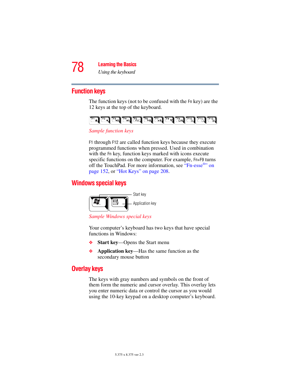 Function keys, Windows special keys, Overlay keys | Function keys windows special keys overlay keys | Toshiba A85 User Manual | Page 78 / 264