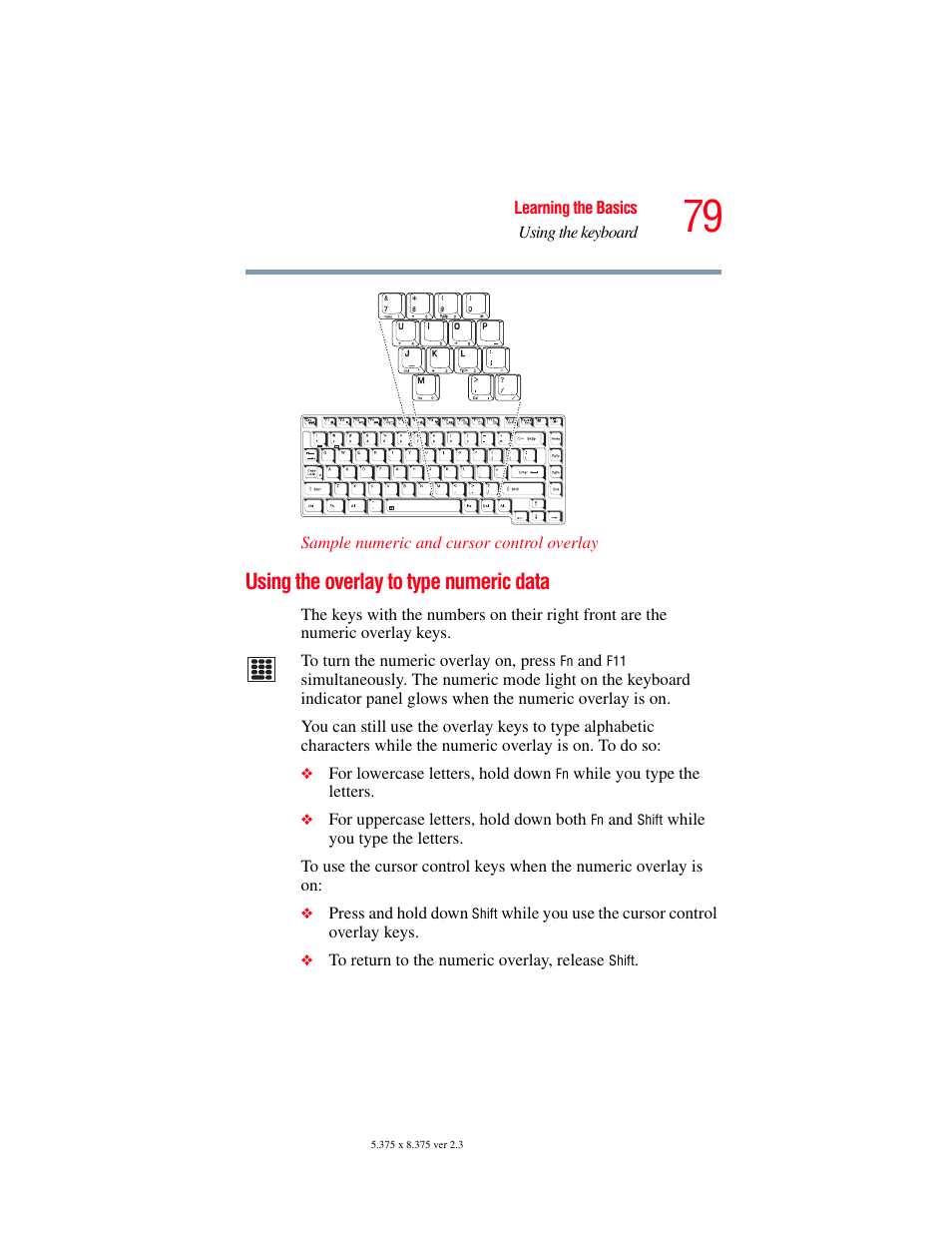 Using the overlay to type numeric data | Toshiba A85 User Manual | Page 79 / 264