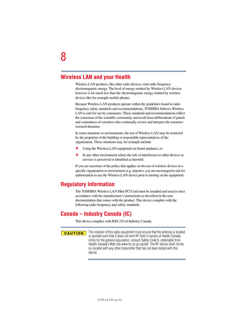 Wireless lan and your health, Regulatory information, Canada – industry canada (ic) | Toshiba A85 User Manual | Page 8 / 264
