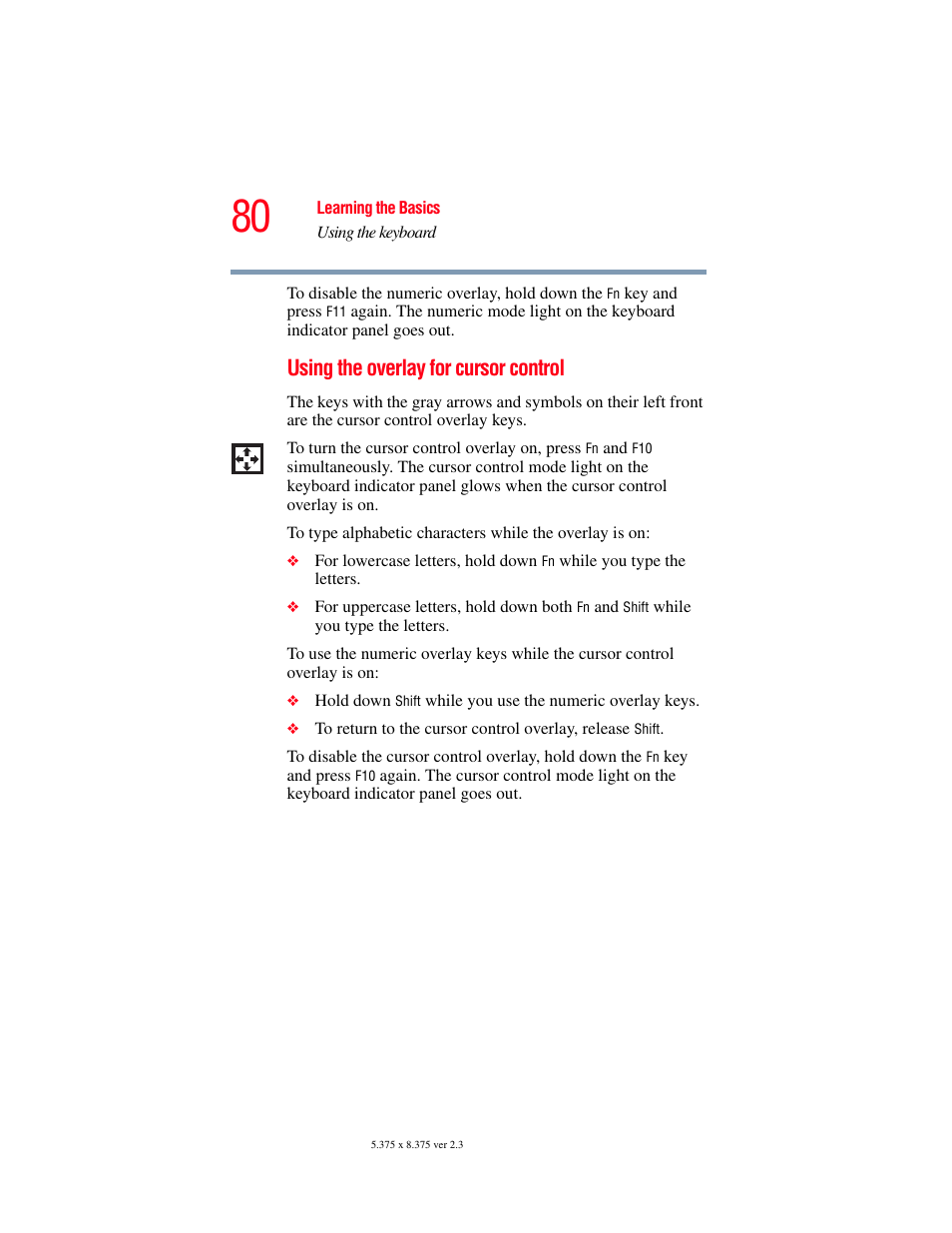 Using the overlay for cursor control | Toshiba A85 User Manual | Page 80 / 264