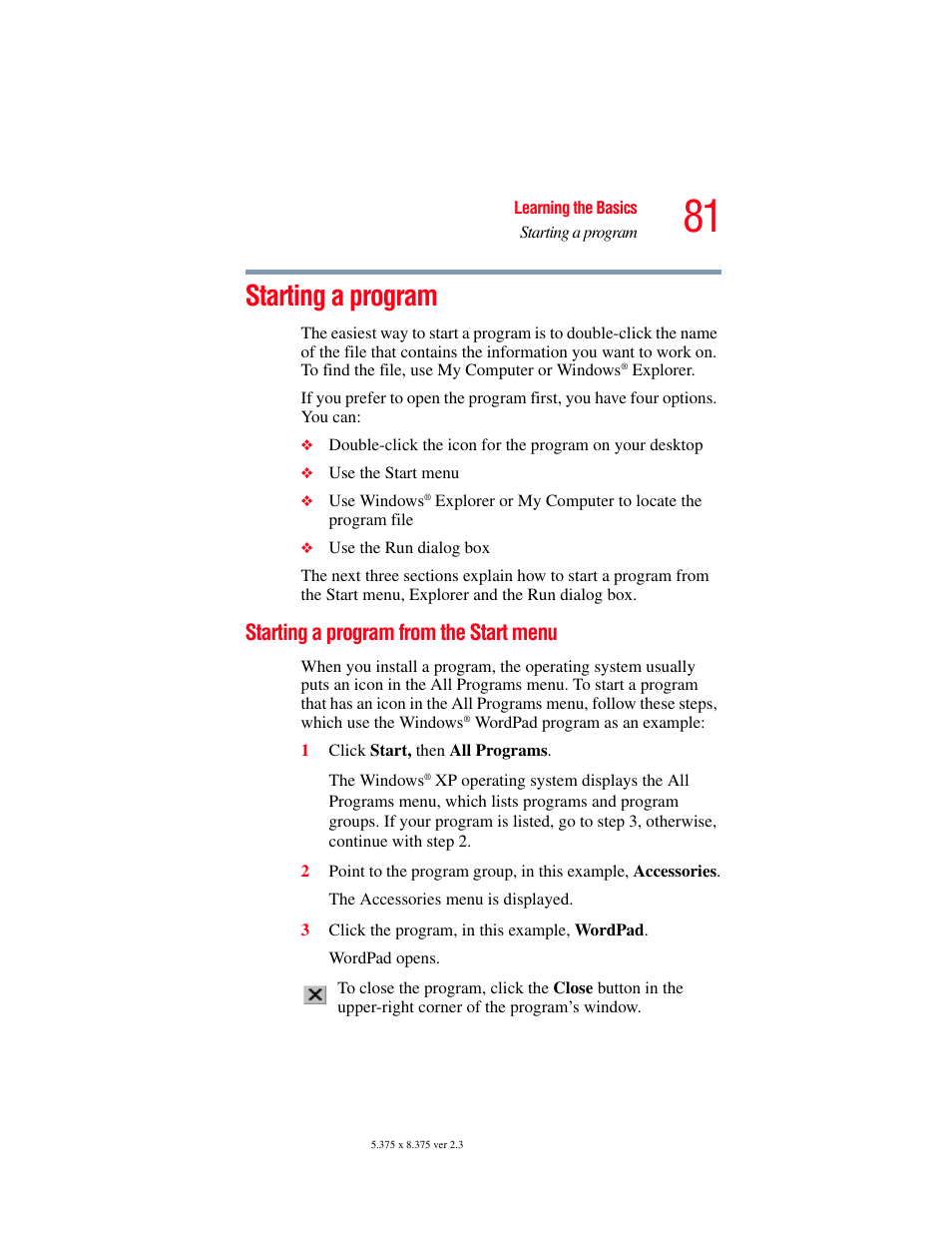Starting a program, Starting a program from the start menu | Toshiba A85 User Manual | Page 81 / 264