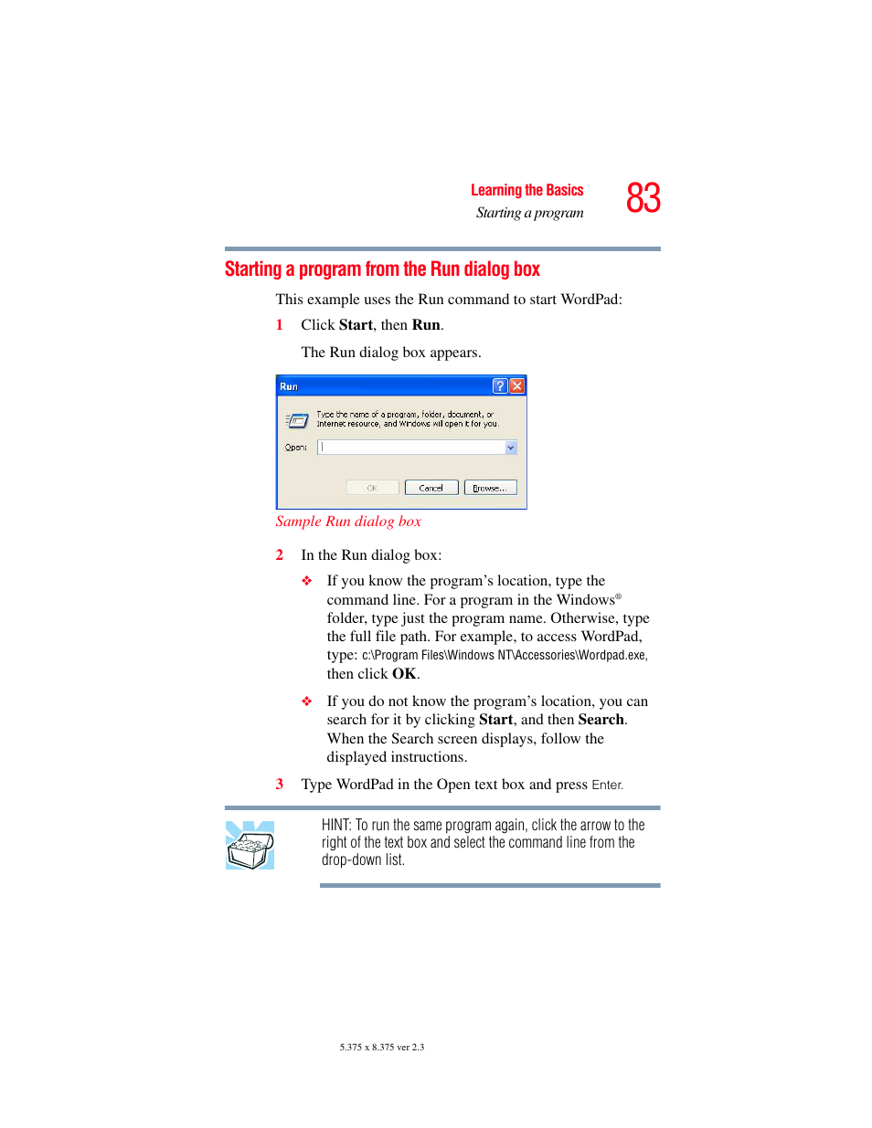 Starting a program from the run dialog box | Toshiba A85 User Manual | Page 83 / 264