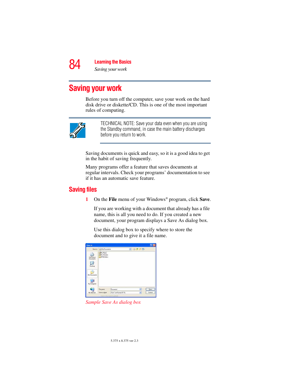 Saving your work, Saving files | Toshiba A85 User Manual | Page 84 / 264