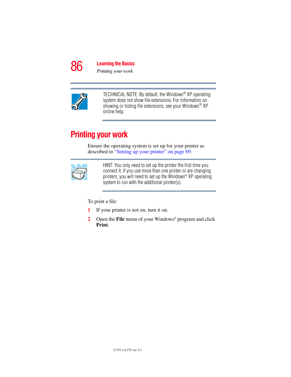 Printing your work | Toshiba A85 User Manual | Page 86 / 264