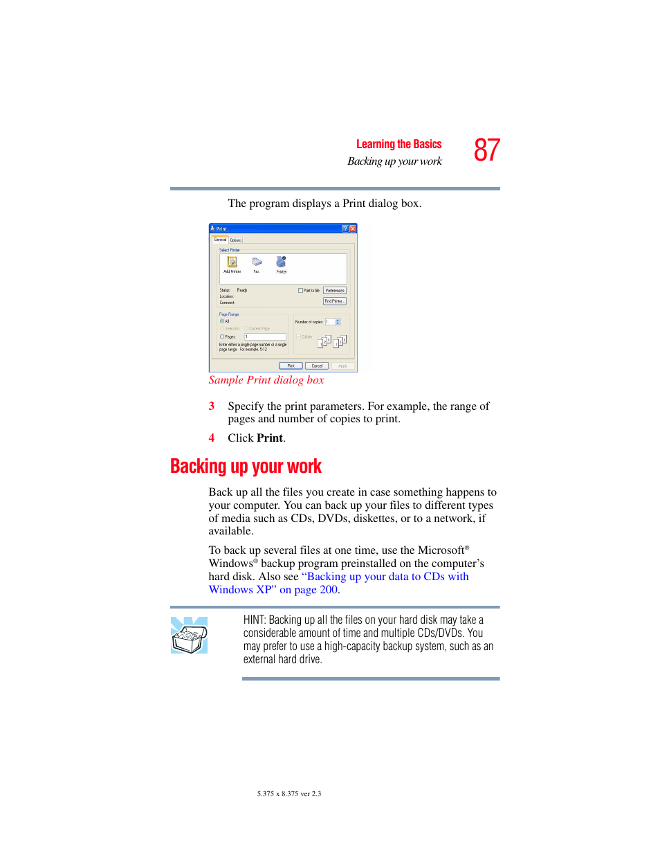 Backing up your work | Toshiba A85 User Manual | Page 87 / 264