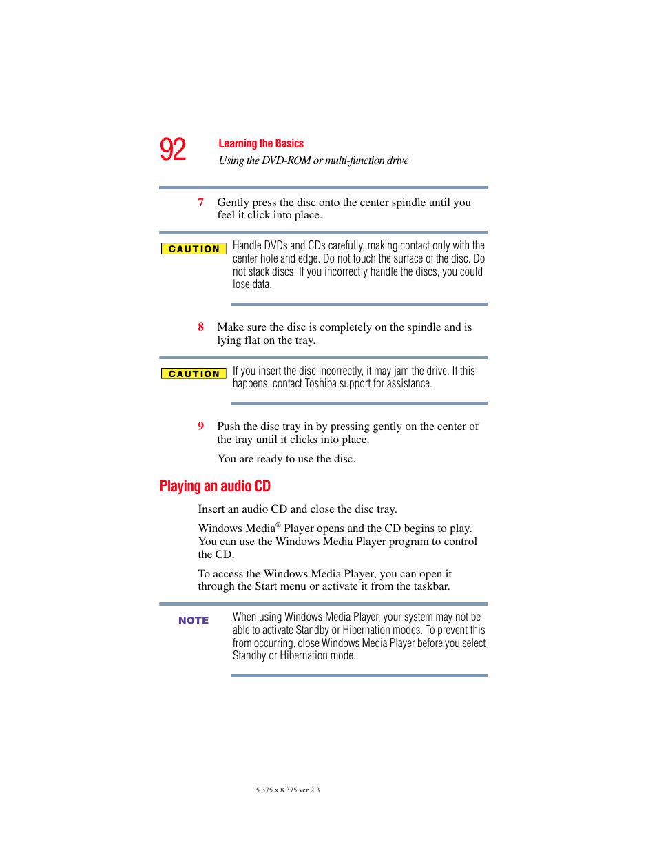 Playing an audio cd | Toshiba A85 User Manual | Page 92 / 264