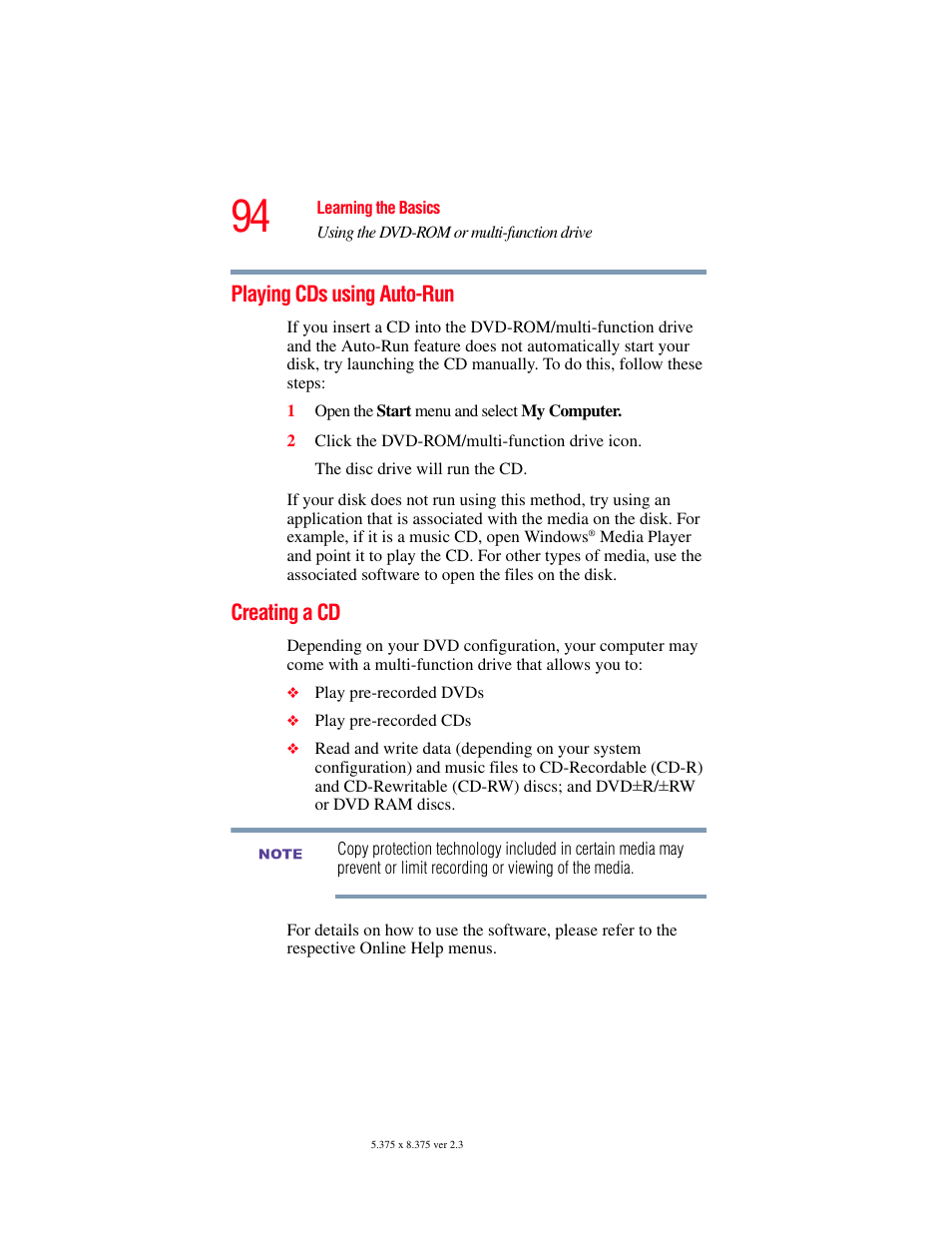 Playing cds using auto-run, Creating a cd, Playing cds using auto-run creating a cd | Toshiba A85 User Manual | Page 94 / 264