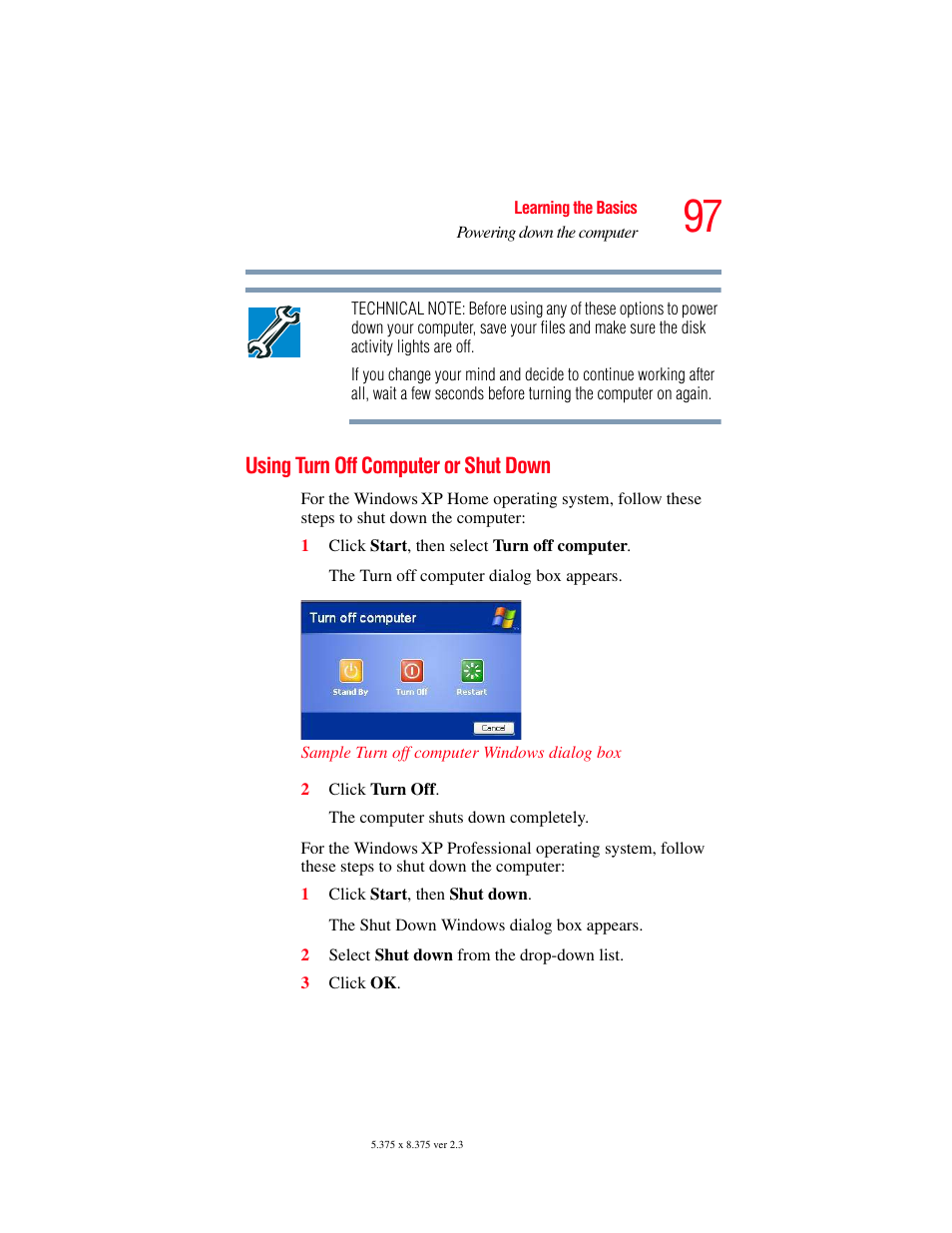 Using turn off computer or shut down | Toshiba A85 User Manual | Page 97 / 264