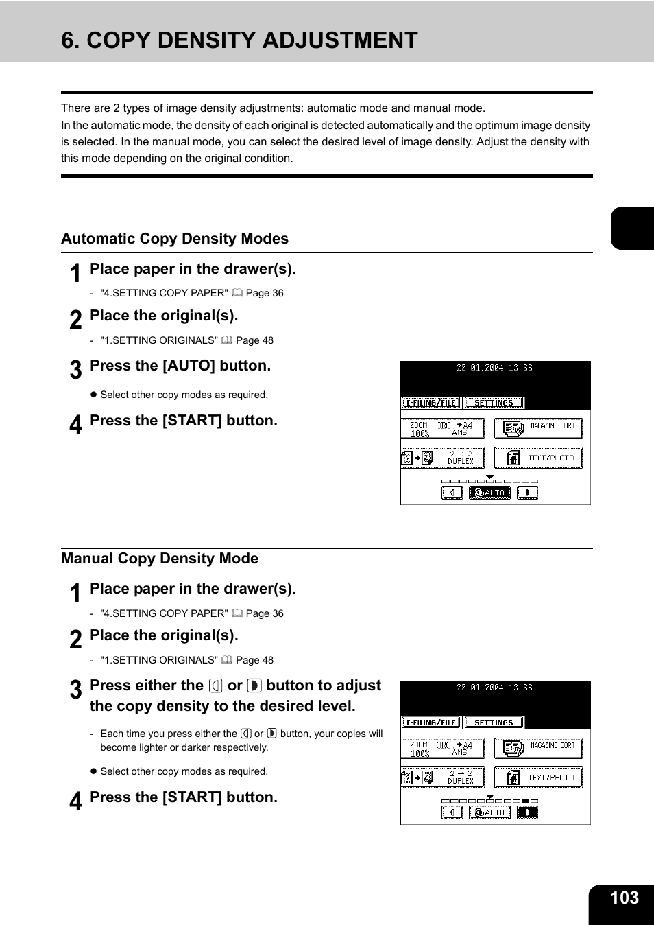 Copy density adjustment, Automatic copy density modes, Manual copy density mode | Toshiba E-STUDIO230/280 User Manual | Page 105 / 316