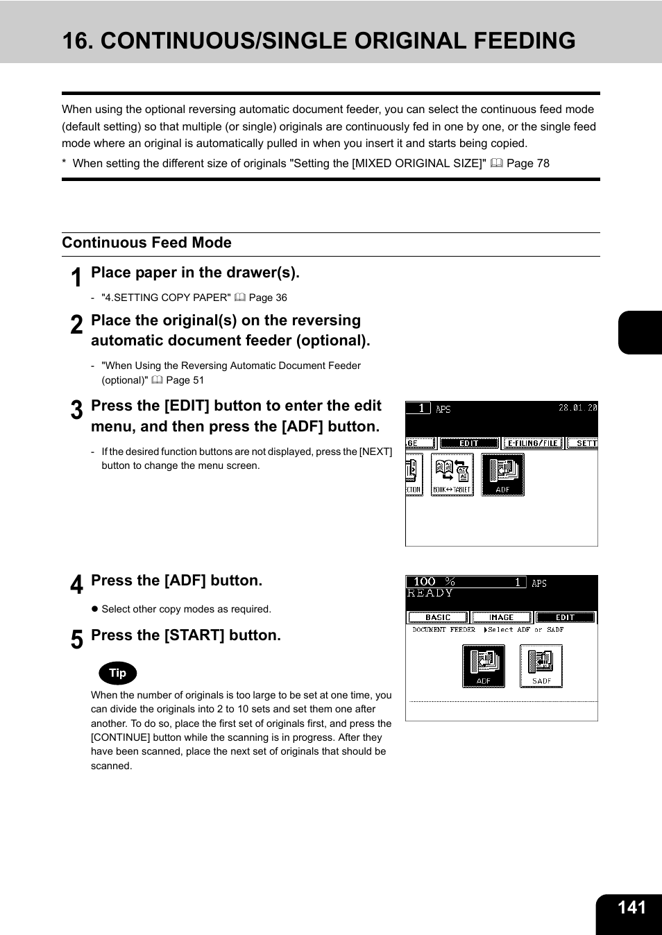 Continuous/single original feeding, Continuous feed mode | Toshiba E-STUDIO230/280 User Manual | Page 143 / 316