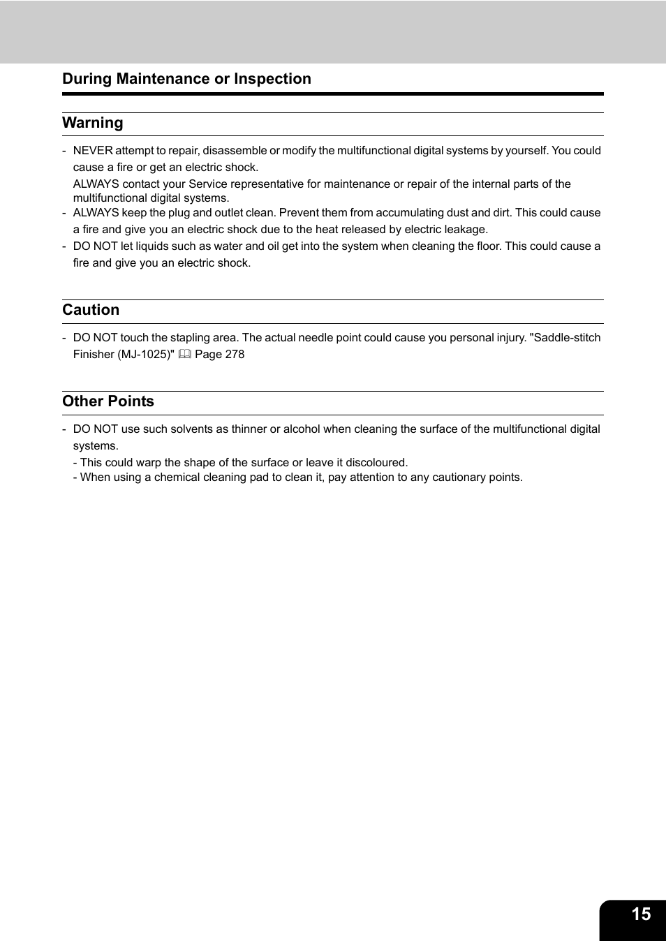 During maintenance or inspection, Warning, Caution | Other points, During maintenance or inspection warning | Toshiba E-STUDIO230/280 User Manual | Page 17 / 316