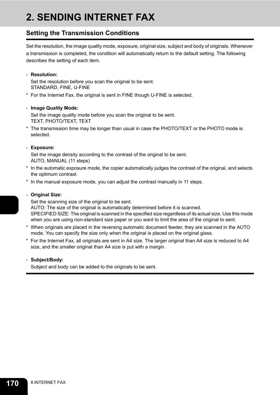 Sending internet fax, Setting the transmission conditions | Toshiba E-STUDIO230/280 User Manual | Page 172 / 316