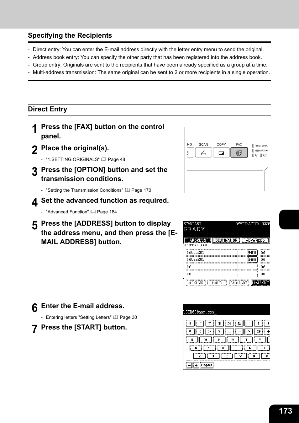 Specifying the recipients, Direct entry | Toshiba E-STUDIO230/280 User Manual | Page 175 / 316