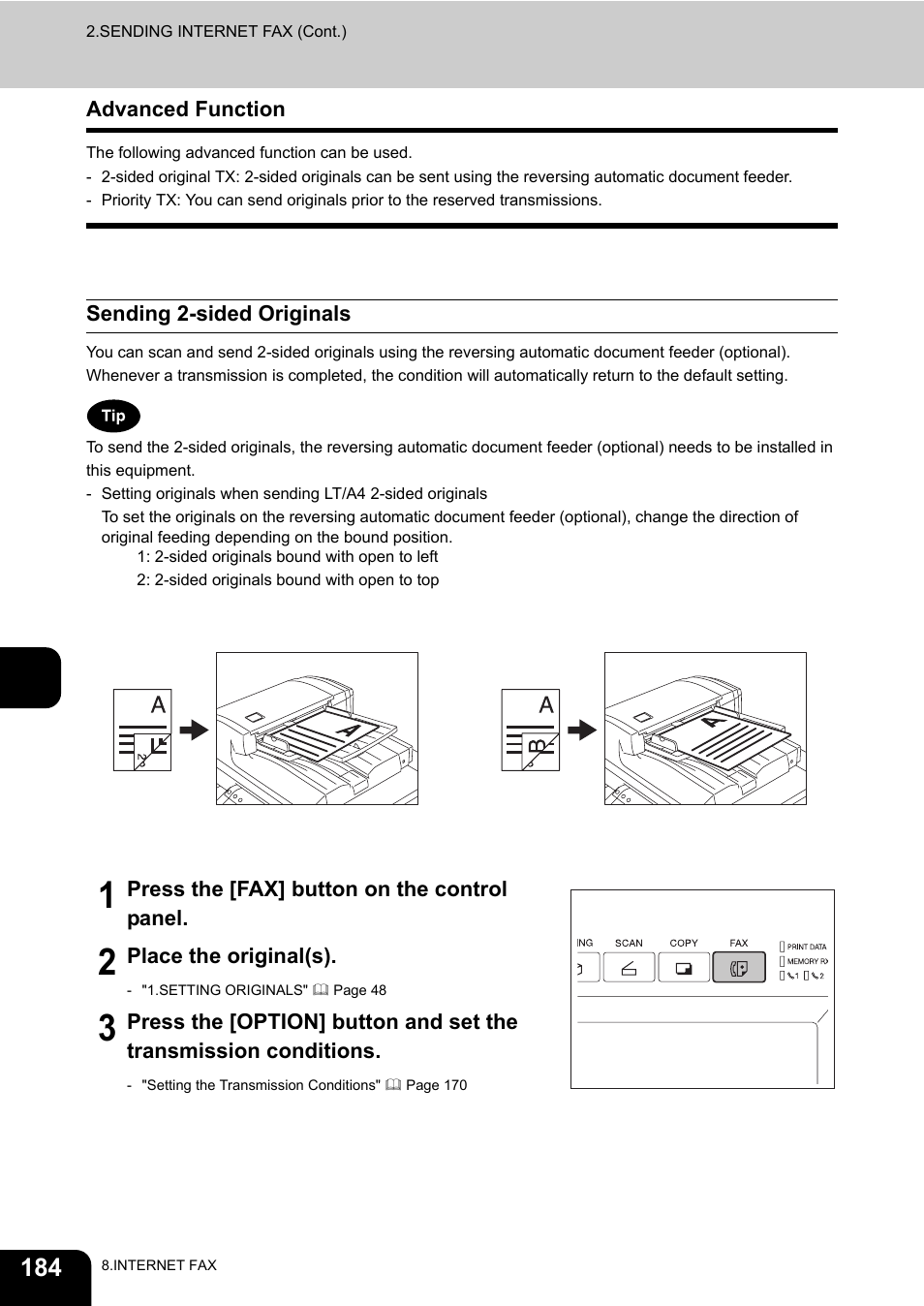 Advanced function, Sending 2-sided originals | Toshiba E-STUDIO230/280 User Manual | Page 186 / 316