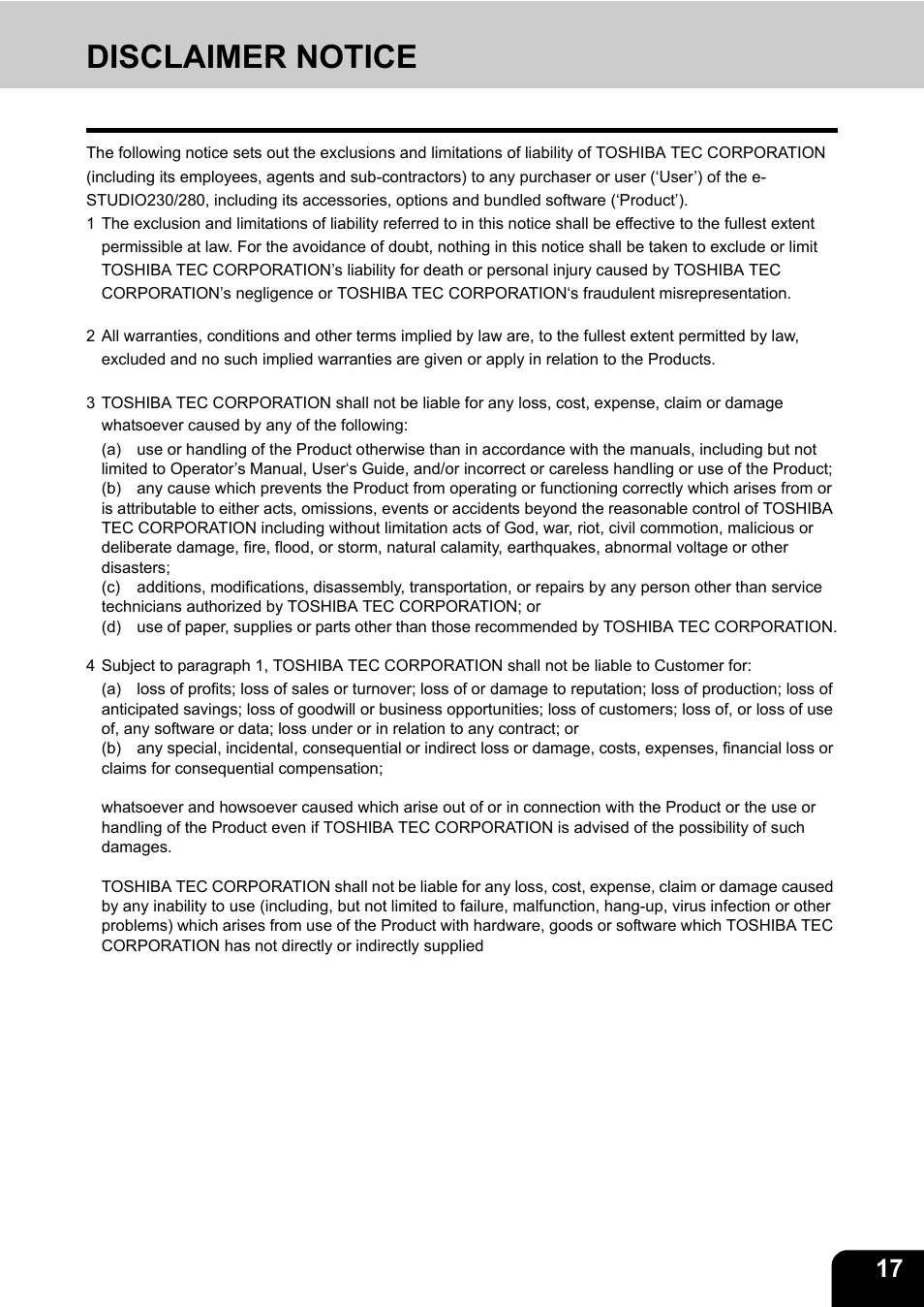 Disclaimer notice | Toshiba E-STUDIO230/280 User Manual | Page 19 / 316