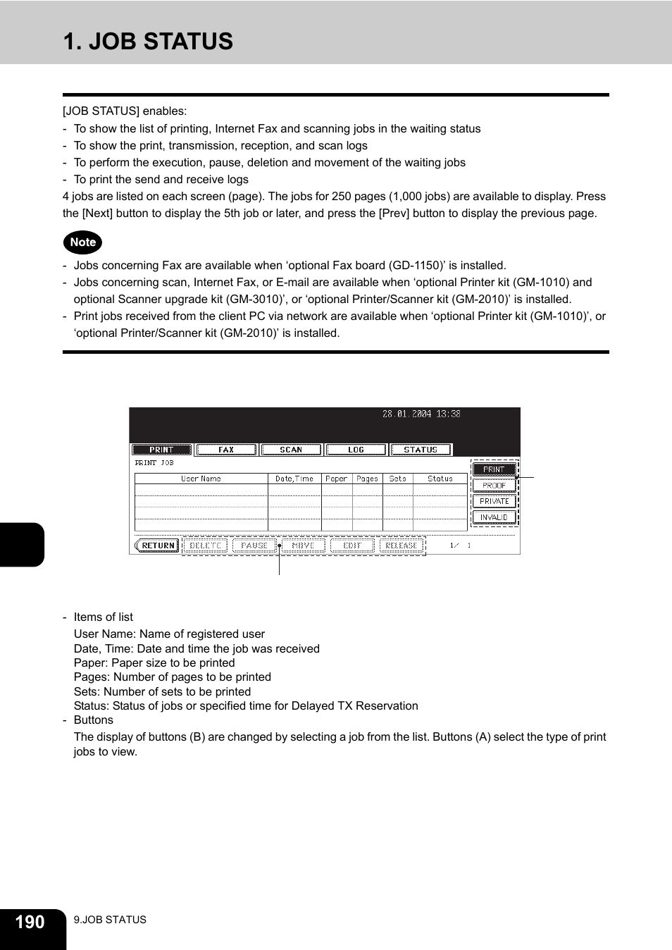 Job status | Toshiba E-STUDIO230/280 User Manual | Page 192 / 316