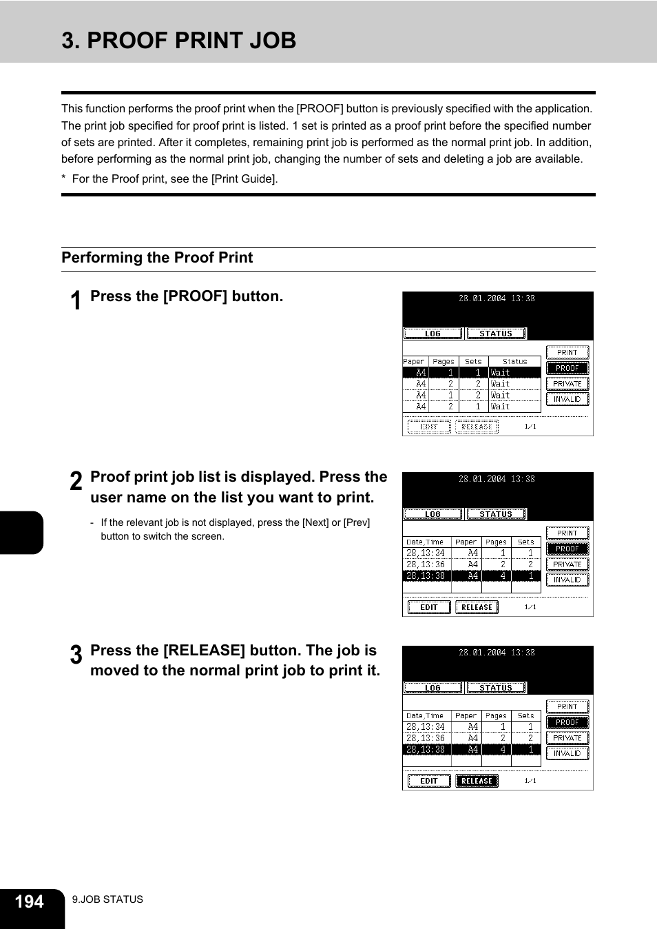 Proof print job, Performing the proof print | Toshiba E-STUDIO230/280 User Manual | Page 196 / 316