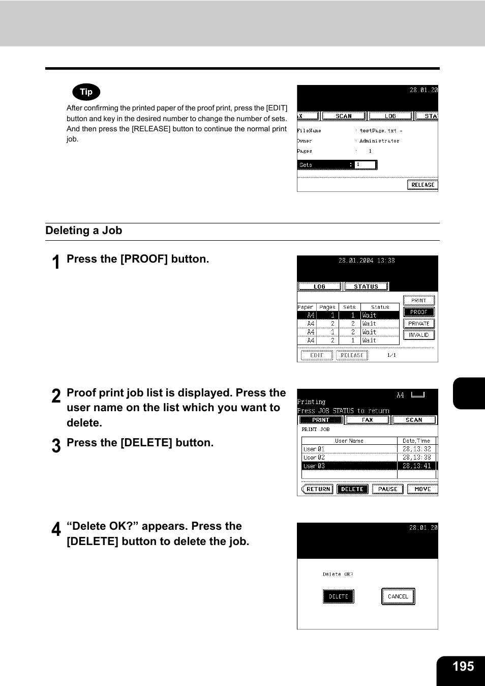 Deleting a job | Toshiba E-STUDIO230/280 User Manual | Page 197 / 316