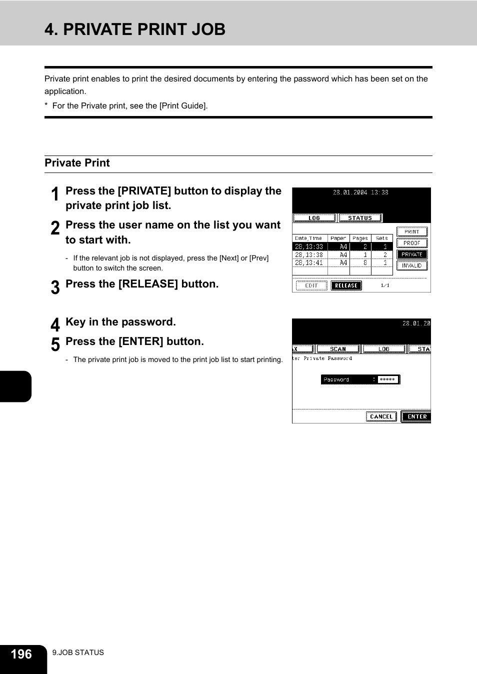 Private print job, Private print | Toshiba E-STUDIO230/280 User Manual | Page 198 / 316