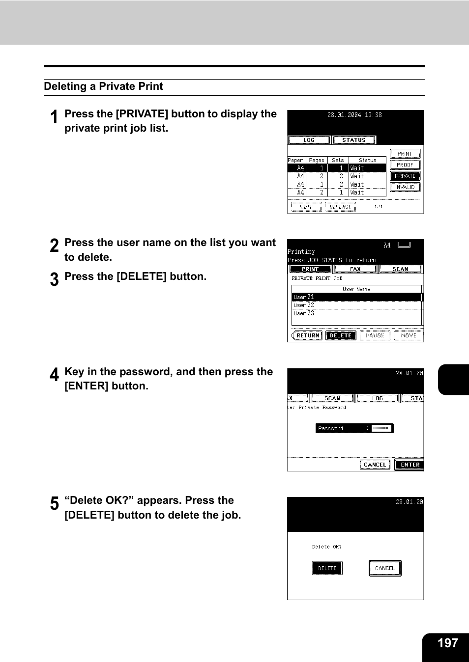 Deleting a private print | Toshiba E-STUDIO230/280 User Manual | Page 199 / 316