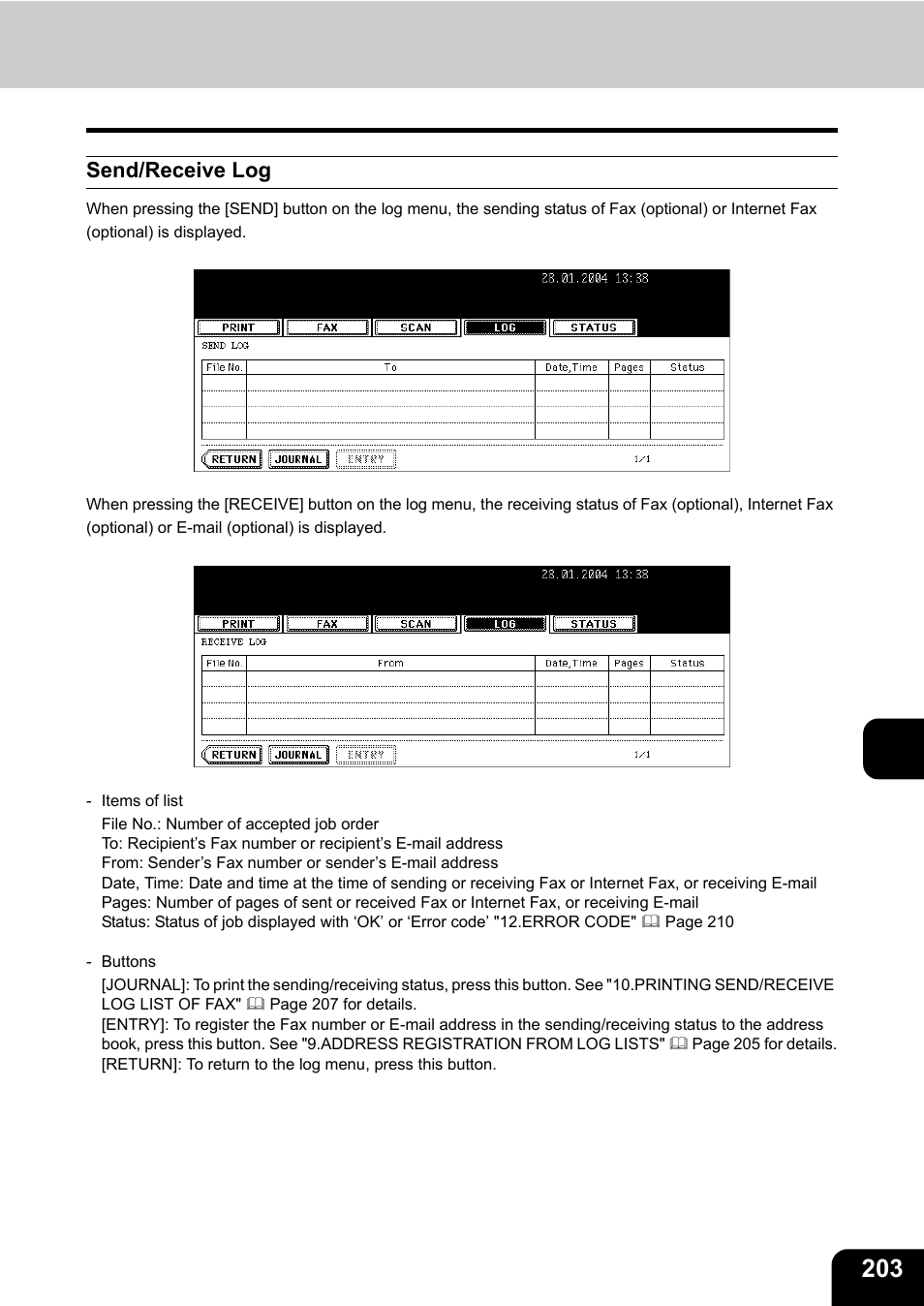 Send/receive log | Toshiba E-STUDIO230/280 User Manual | Page 205 / 316