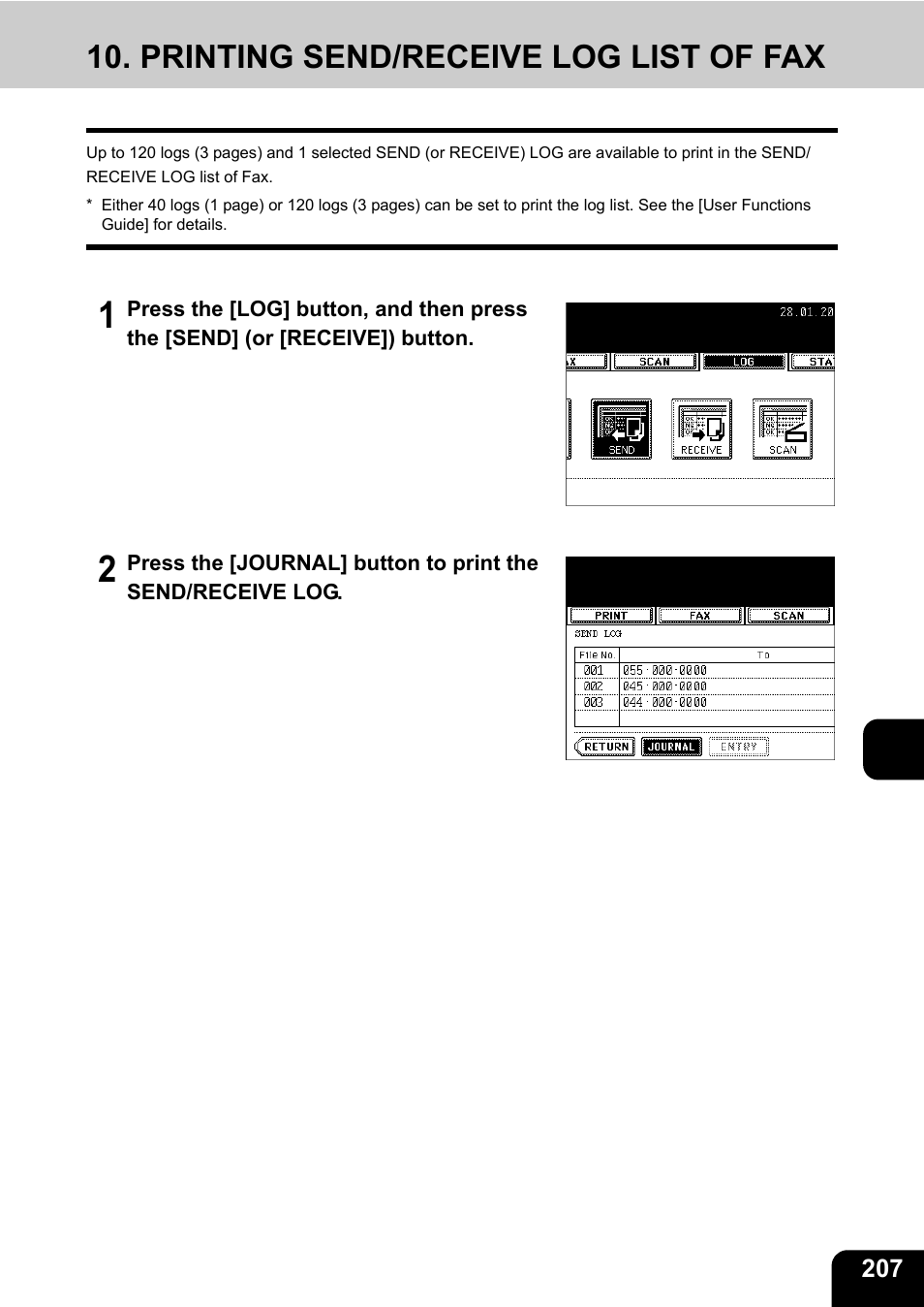 Printing send/receive log list of fax | Toshiba E-STUDIO230/280 User Manual | Page 209 / 316