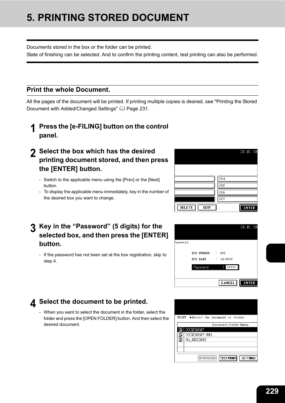 Printing stored document, Print the whole document, 10 5. printing stored document | Toshiba E-STUDIO230/280 User Manual | Page 231 / 316