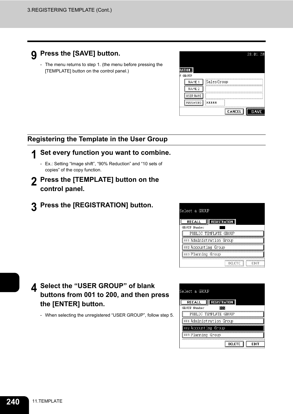 Registering the template in the user group | Toshiba E-STUDIO230/280 User Manual | Page 242 / 316