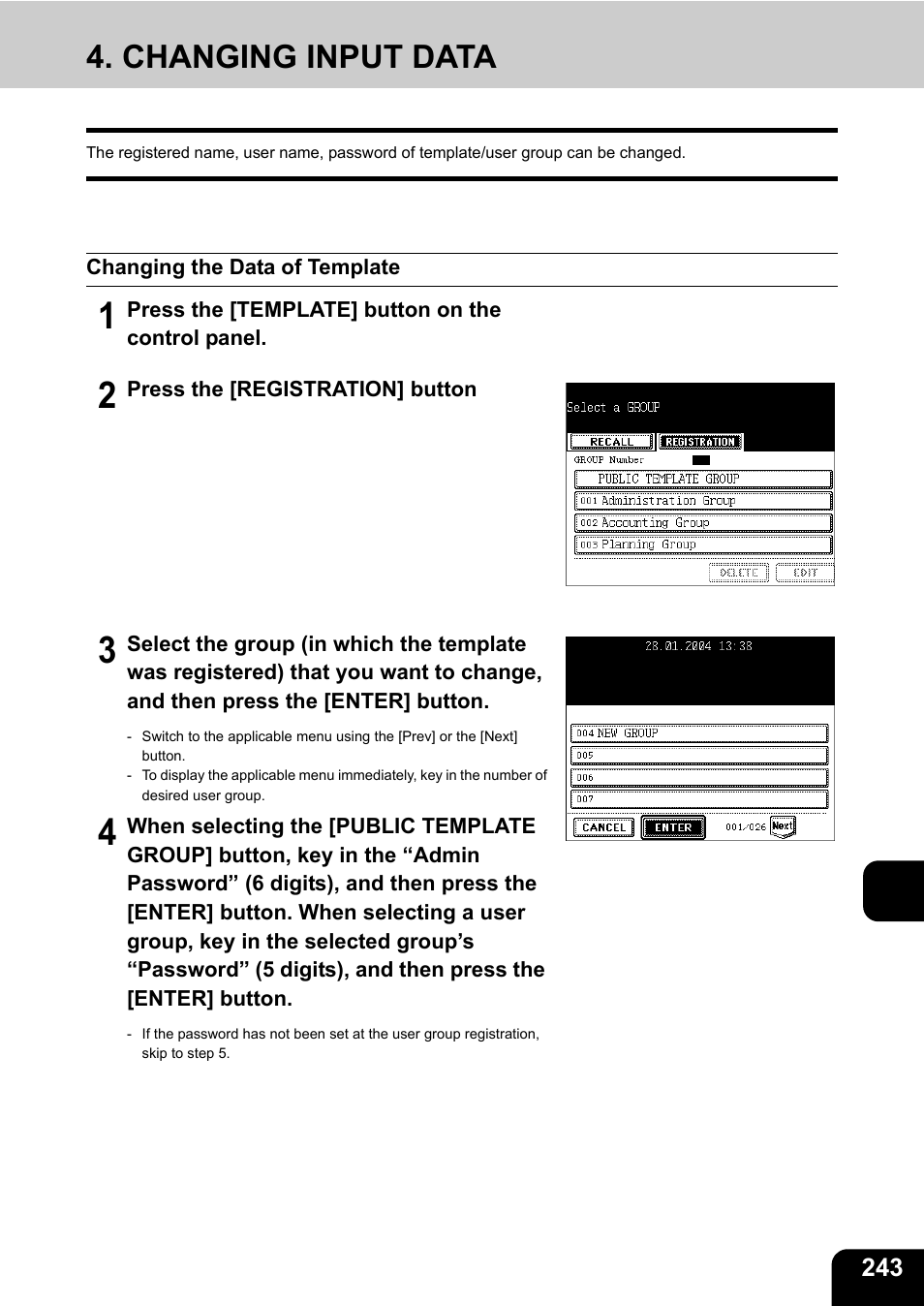 Changing input data, Changing the data of template, 11 4. changing input data | Toshiba E-STUDIO230/280 User Manual | Page 245 / 316