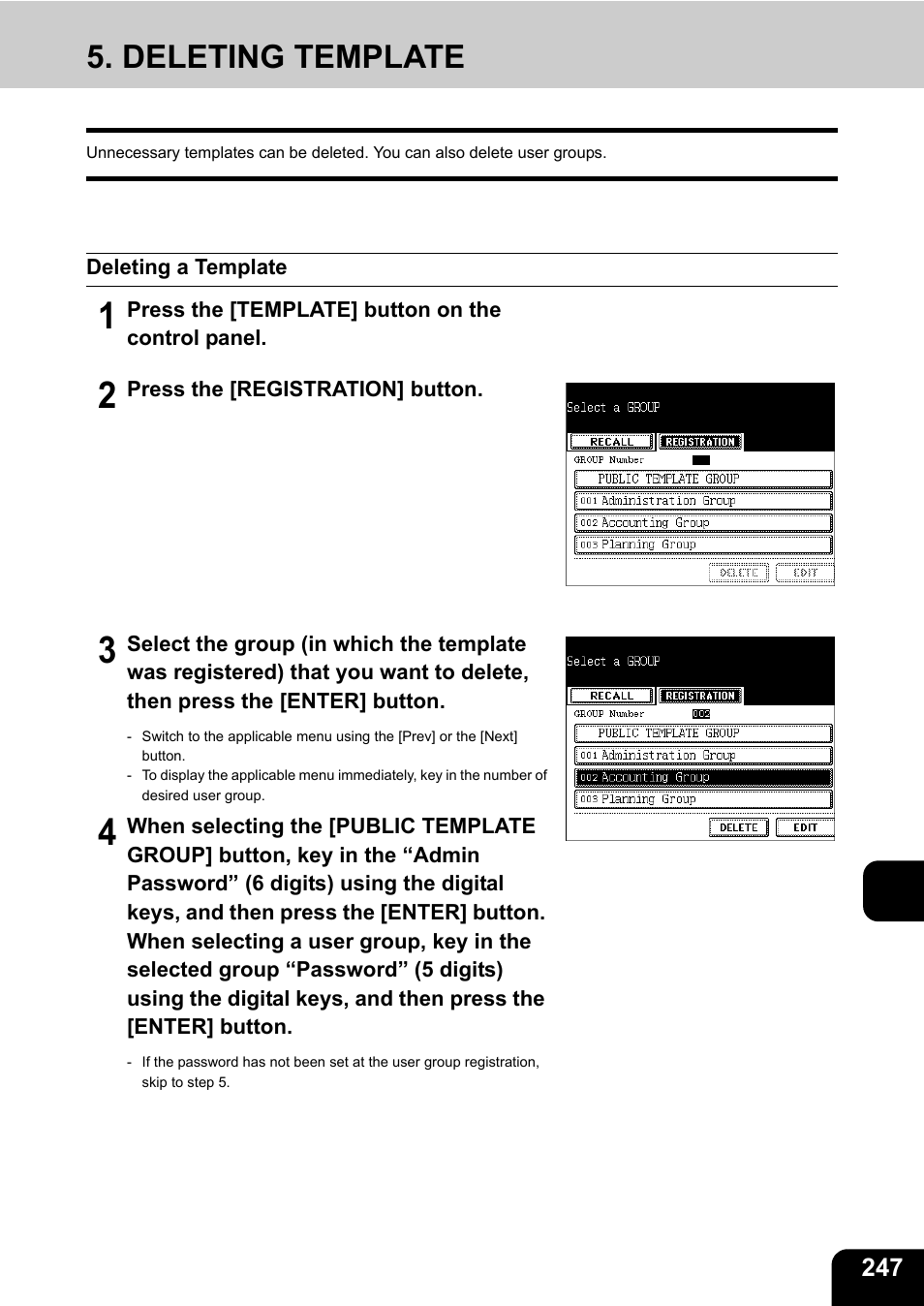 Deleting template, Deleting a template, 11 5. deleting template | Toshiba E-STUDIO230/280 User Manual | Page 249 / 316