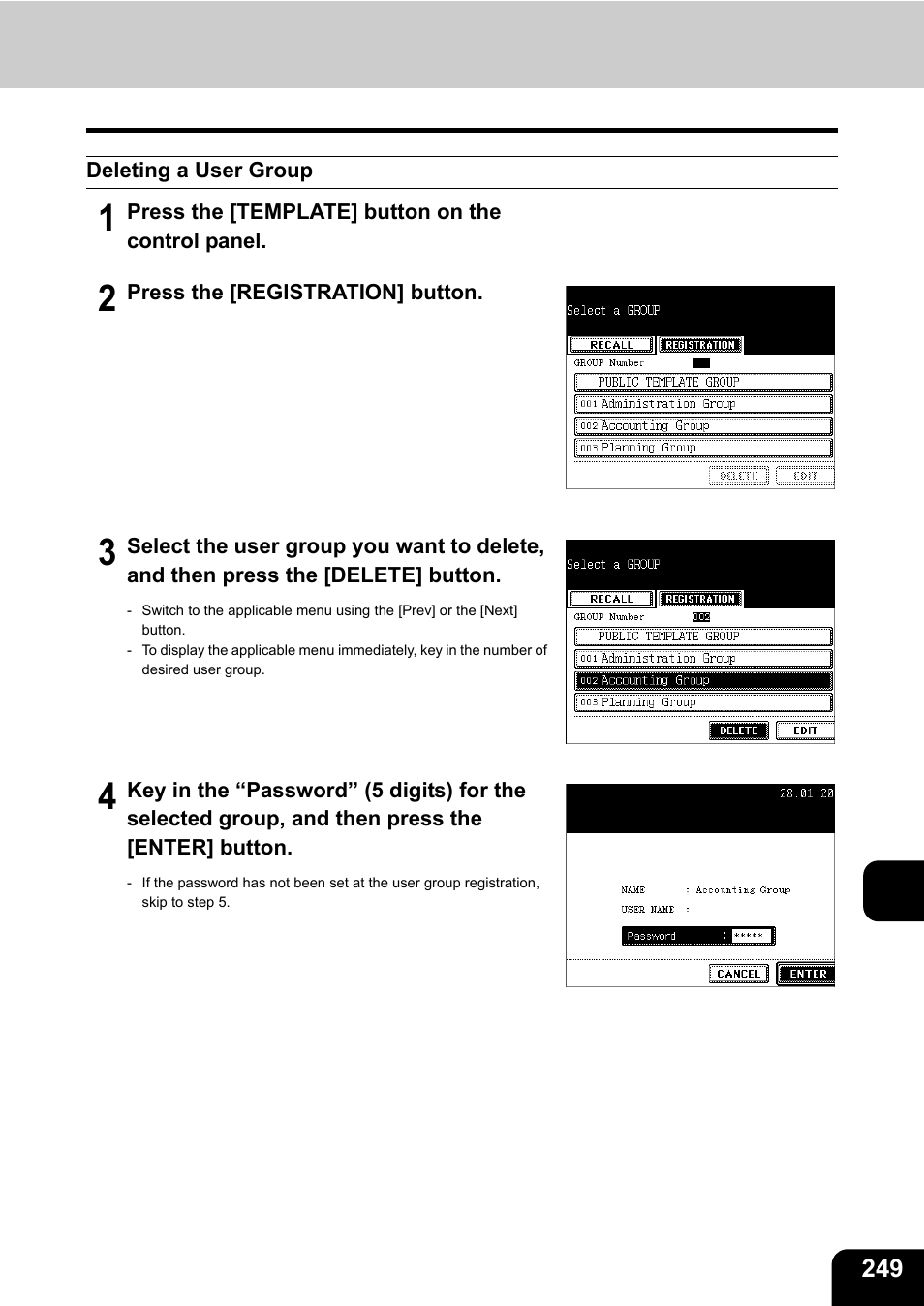 Deleting a user group | Toshiba E-STUDIO230/280 User Manual | Page 251 / 316