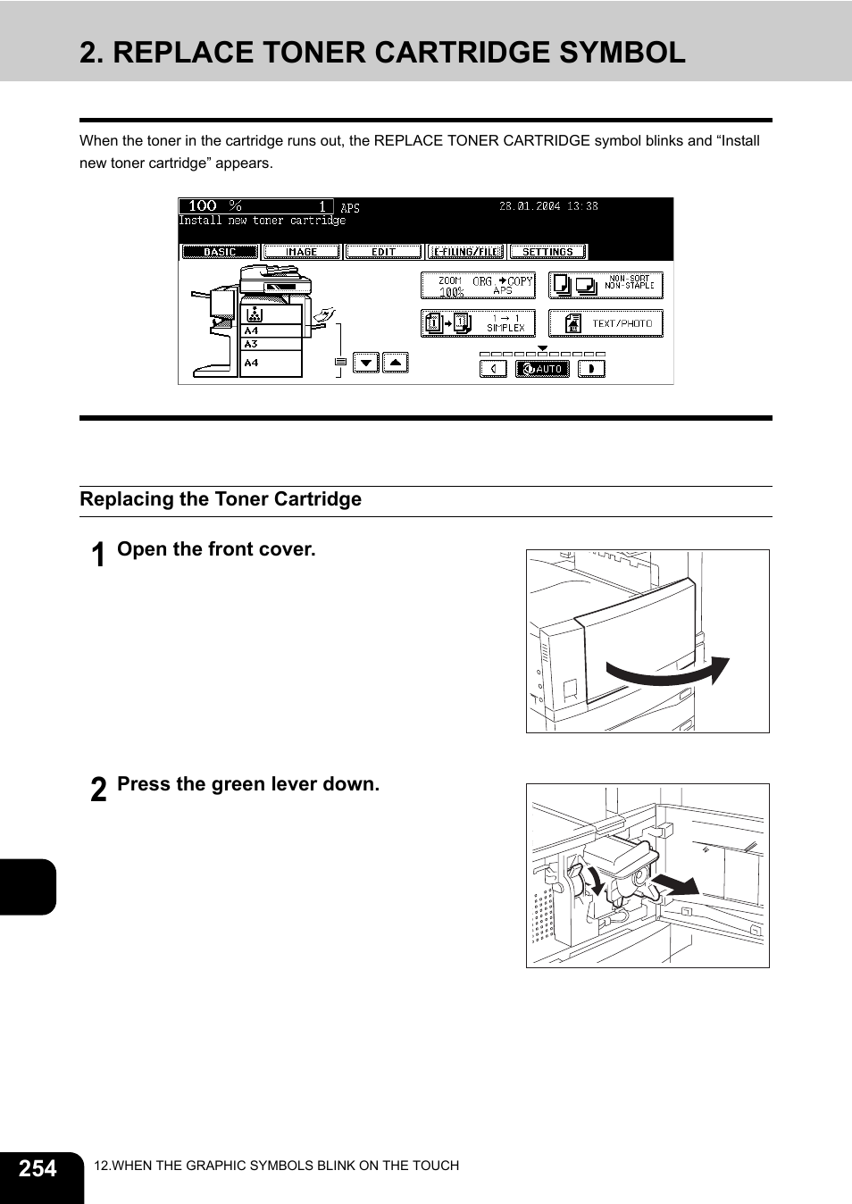 Replace toner cartridge symbol, Replacing the toner cartridge, 12 2. replace toner cartridge symbol | Toshiba E-STUDIO230/280 User Manual | Page 256 / 316