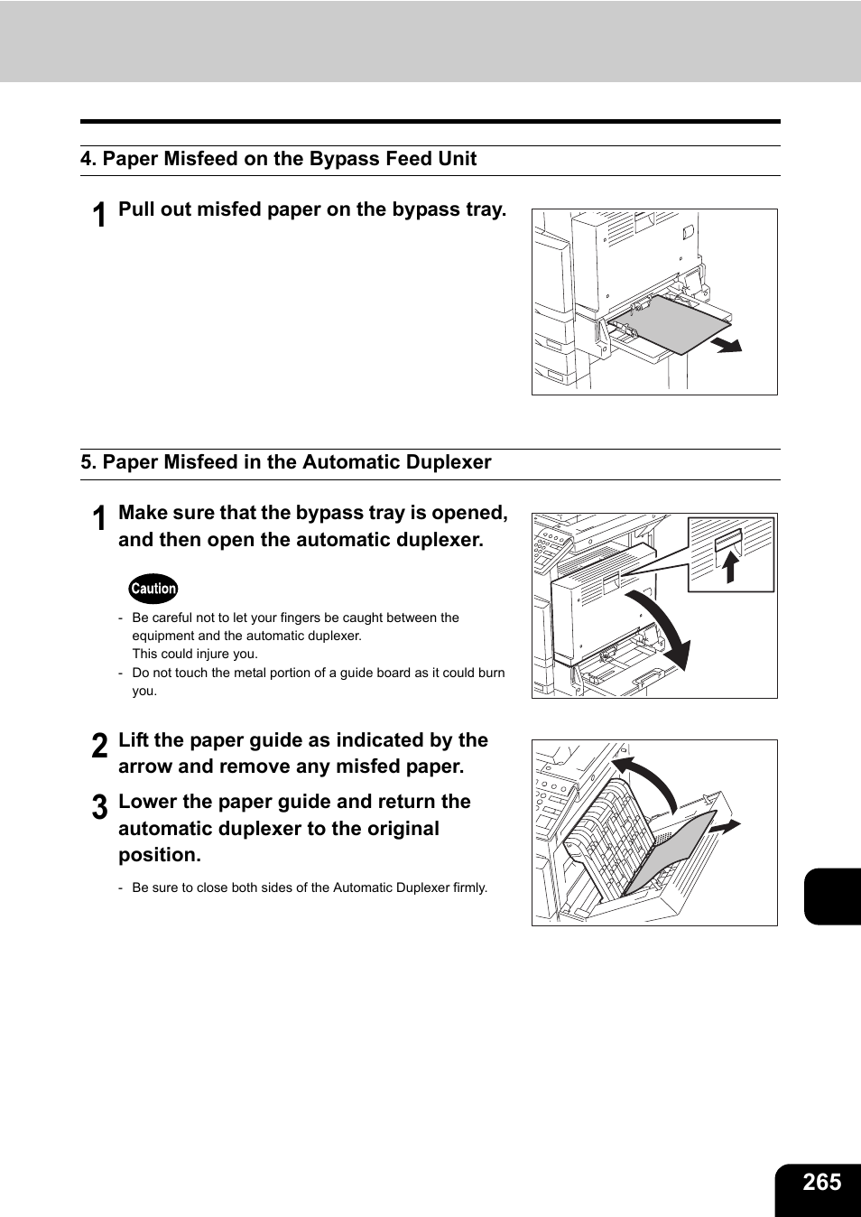 Paper misfeed on the bypass feed unit, Paper misfeed in the automatic duplexer | Toshiba E-STUDIO230/280 User Manual | Page 267 / 316