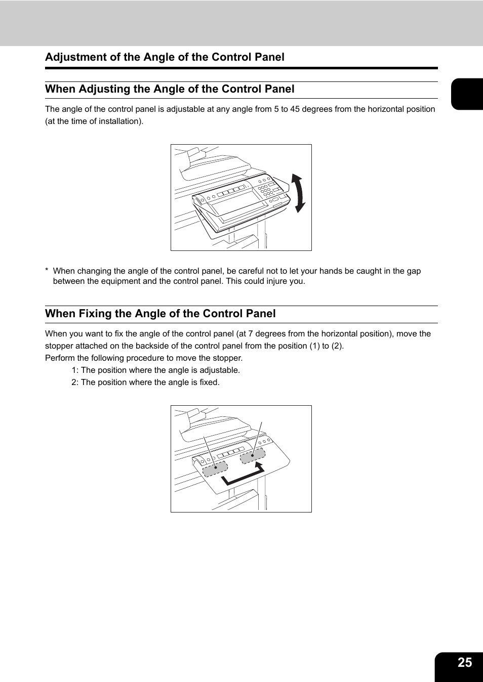 Adjustment of the angle of the control panel, When adjusting the angle of the control panel, When fixing the angle of the control panel | Toshiba E-STUDIO230/280 User Manual | Page 27 / 316