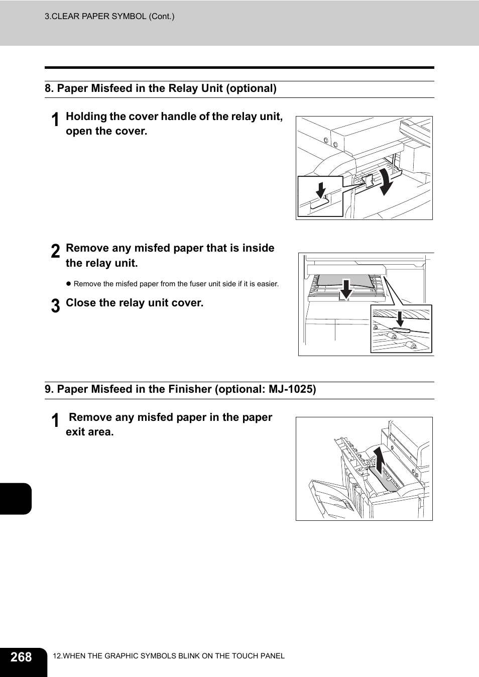 Paper misfeed in the relay unit (optional), Paper misfeed in the finisher (optional: mj-1025) | Toshiba E-STUDIO230/280 User Manual | Page 270 / 316