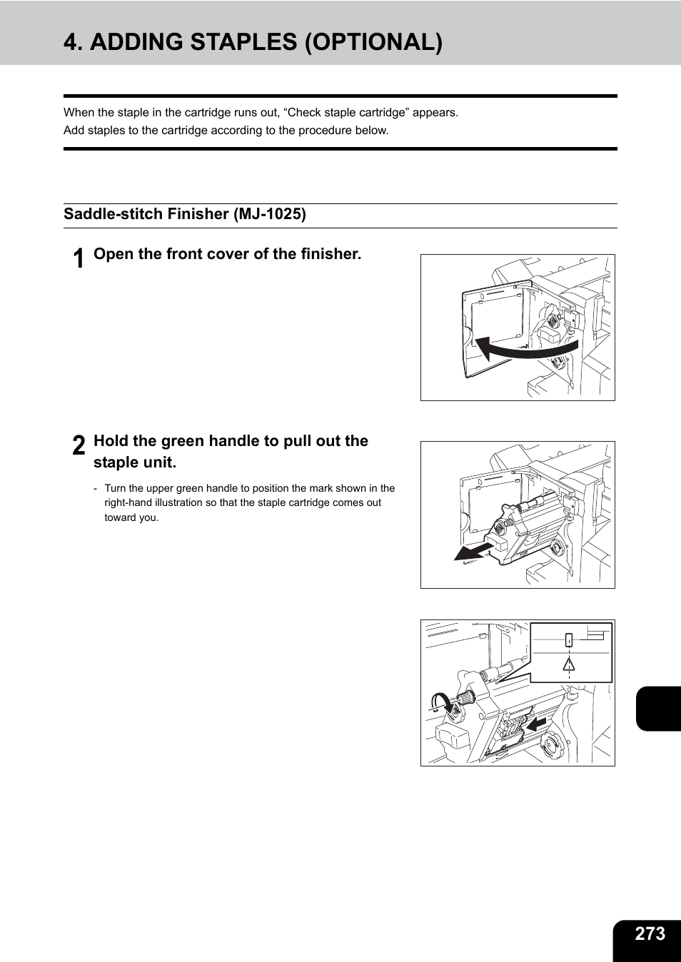 Adding staples (optional), Saddle-stitch finisher (mj-1025), 12 4. adding staples (optional) | Toshiba E-STUDIO230/280 User Manual | Page 275 / 316