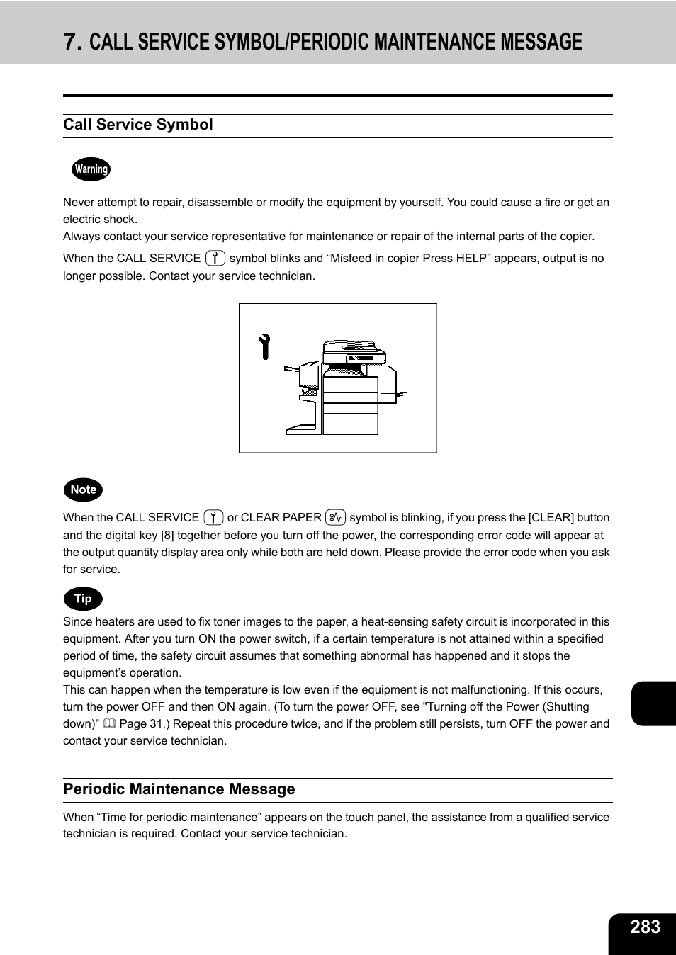 Call service symbol/periodic maintenance message, Call service symbol, Periodic maintenance message | Toshiba E-STUDIO230/280 User Manual | Page 285 / 316