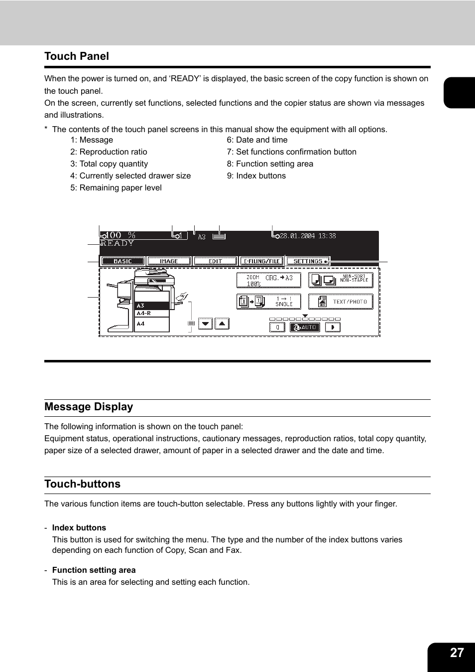 Touch panel, Message display, Touch-buttons | Toshiba E-STUDIO230/280 User Manual | Page 29 / 316