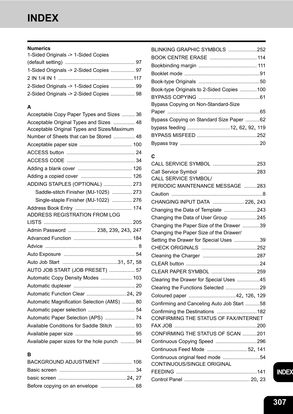 Index | Toshiba E-STUDIO230/280 User Manual | Page 309 / 316