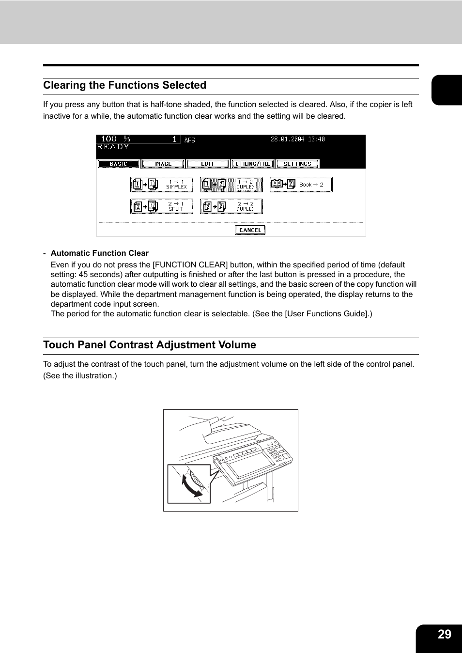 Clearing the functions selected, Touch panel contrast adjustment volume | Toshiba E-STUDIO230/280 User Manual | Page 31 / 316