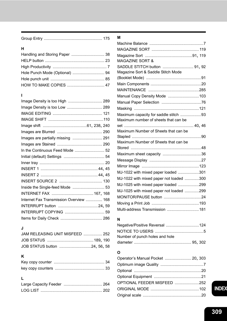 Index | Toshiba E-STUDIO230/280 User Manual | Page 311 / 316