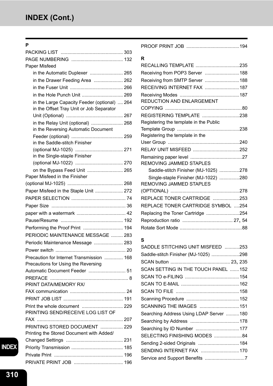 Index (cont.), Index | Toshiba E-STUDIO230/280 User Manual | Page 312 / 316