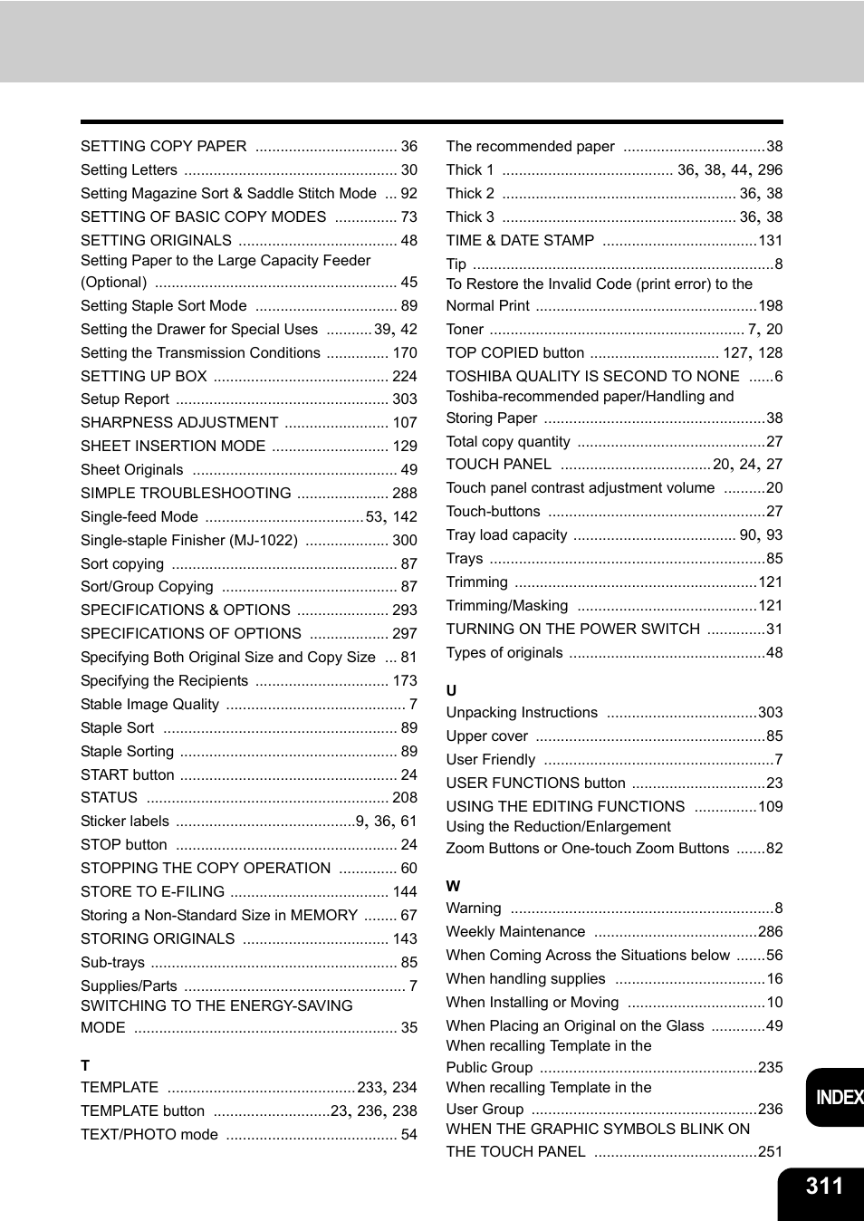 Index | Toshiba E-STUDIO230/280 User Manual | Page 313 / 316