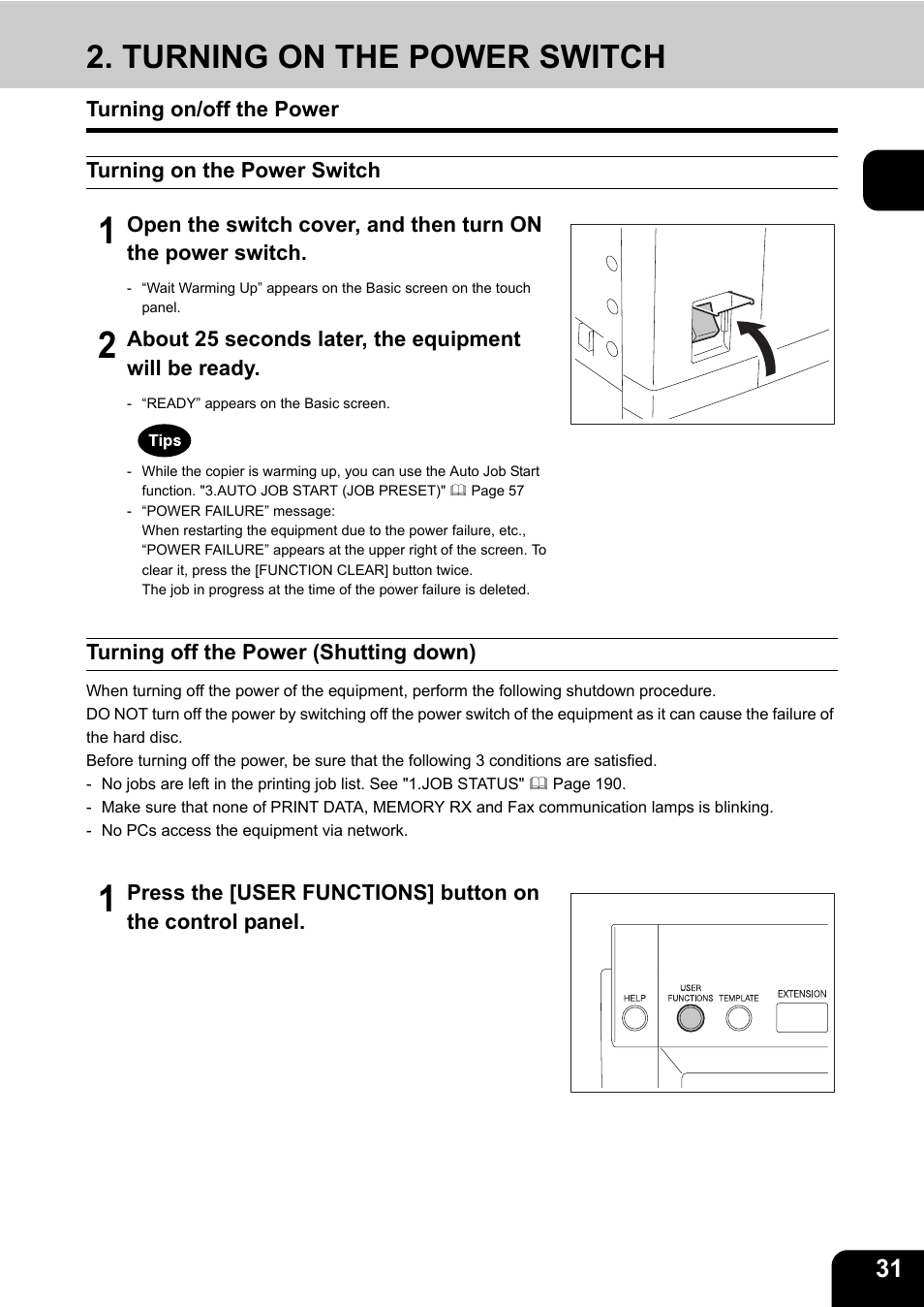 Turning on the power switch, Turning on/off the power, Turning off the power (shutting down) | Toshiba E-STUDIO230/280 User Manual | Page 33 / 316