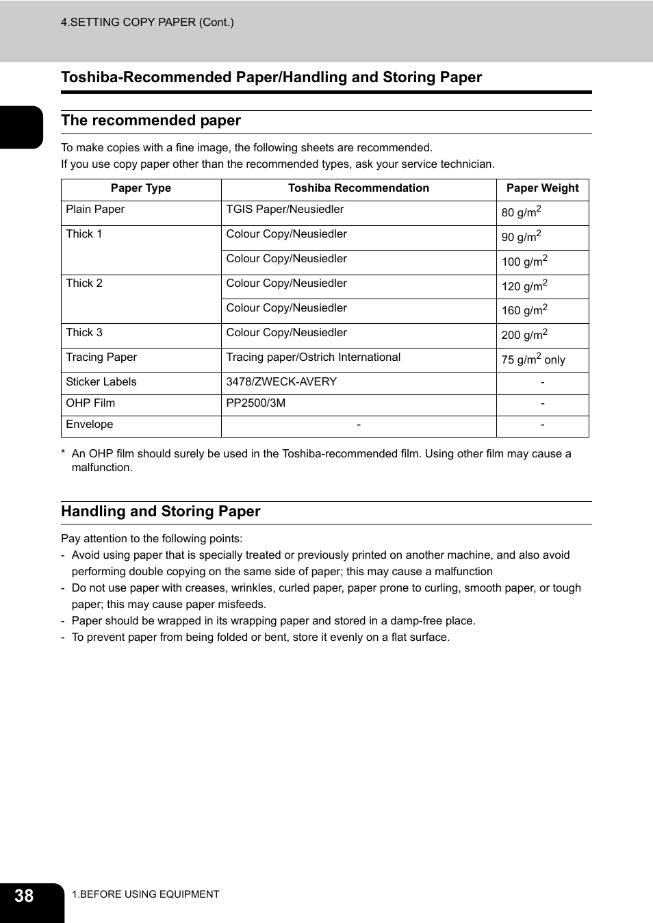 The recommended paper, Handling and storing paper | Toshiba E-STUDIO230/280 User Manual | Page 40 / 316