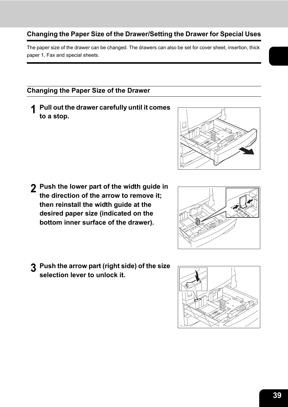 Changing the paper size of the drawer | Toshiba E-STUDIO230/280 User Manual | Page 41 / 316