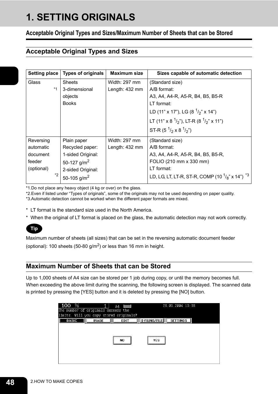 Setting originals, Acceptable original types and sizes, Maximum number of sheets that can be stored | Toshiba E-STUDIO230/280 User Manual | Page 50 / 316