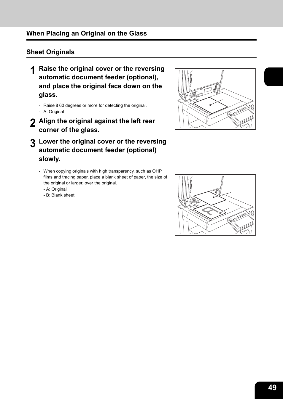 When placing an original on the glass, Sheet originals | Toshiba E-STUDIO230/280 User Manual | Page 51 / 316