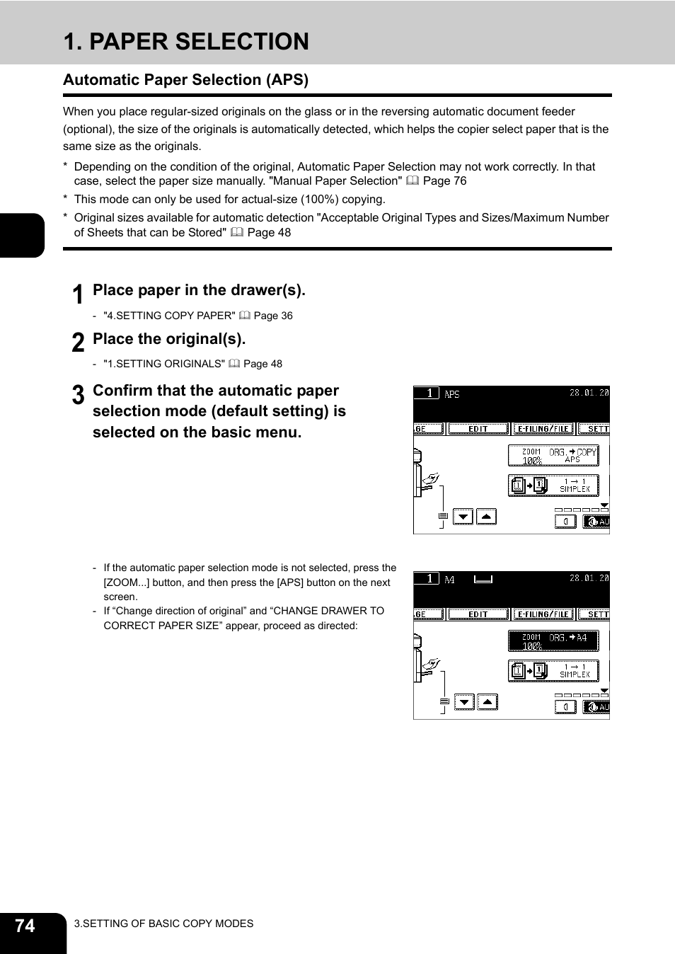 Paper selection, Automatic paper selection (aps) | Toshiba E-STUDIO230/280 User Manual | Page 76 / 316