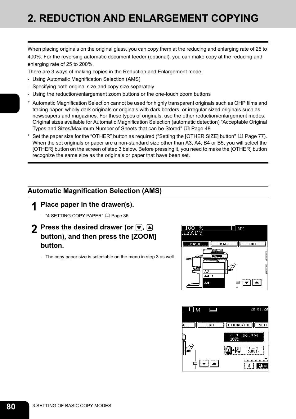 Reduction and enlargement copying, Automatic magnification selection (ams) | Toshiba E-STUDIO230/280 User Manual | Page 82 / 316